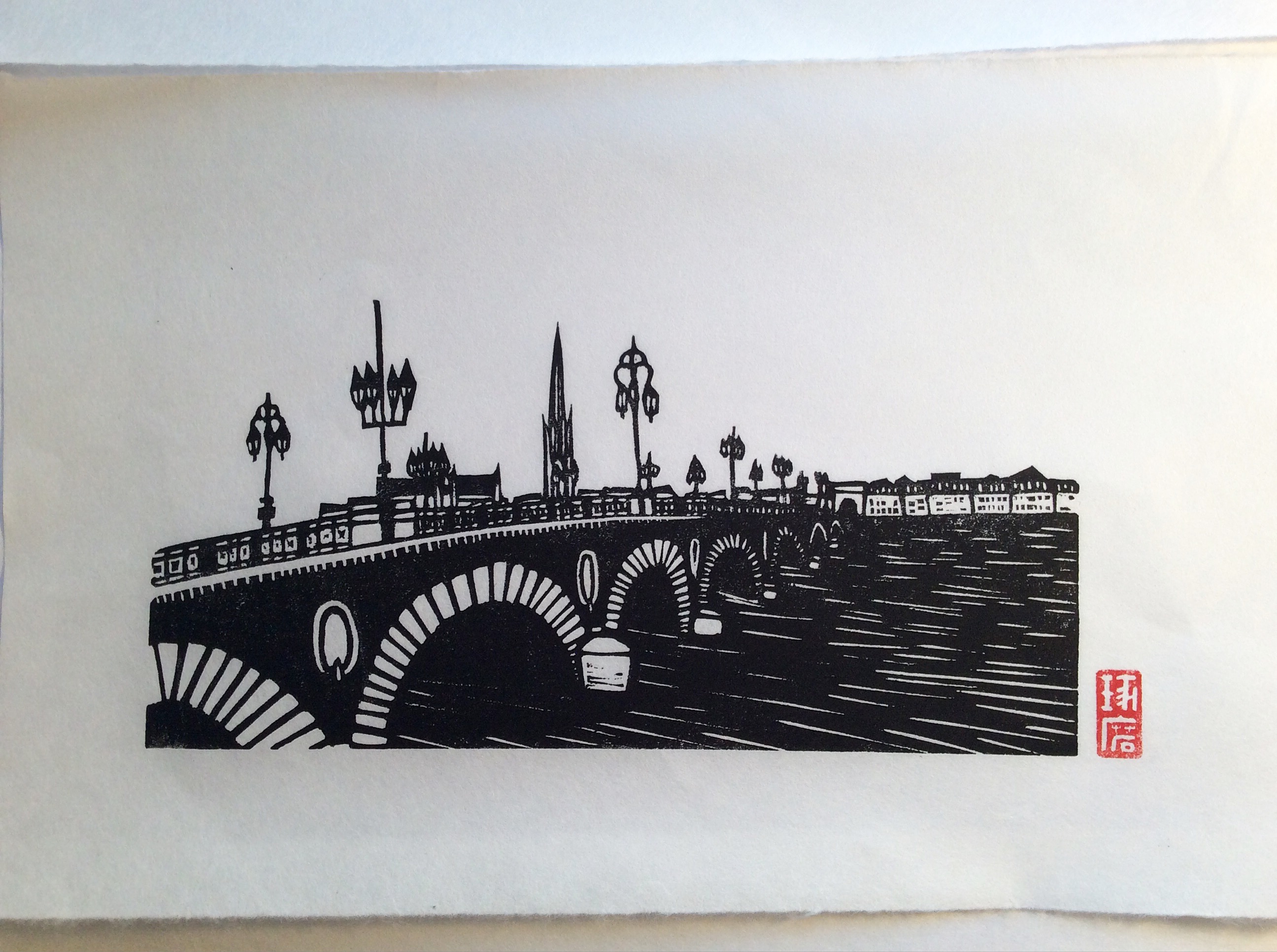 Le pont de pierre. Impression au baren sur papier washi.