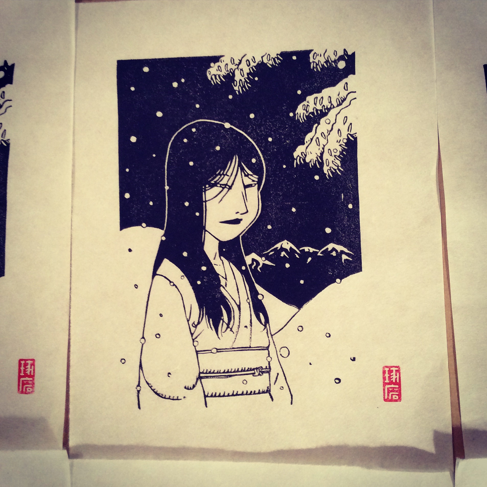 Yuki Onna. Impression au baren sur papier washi.